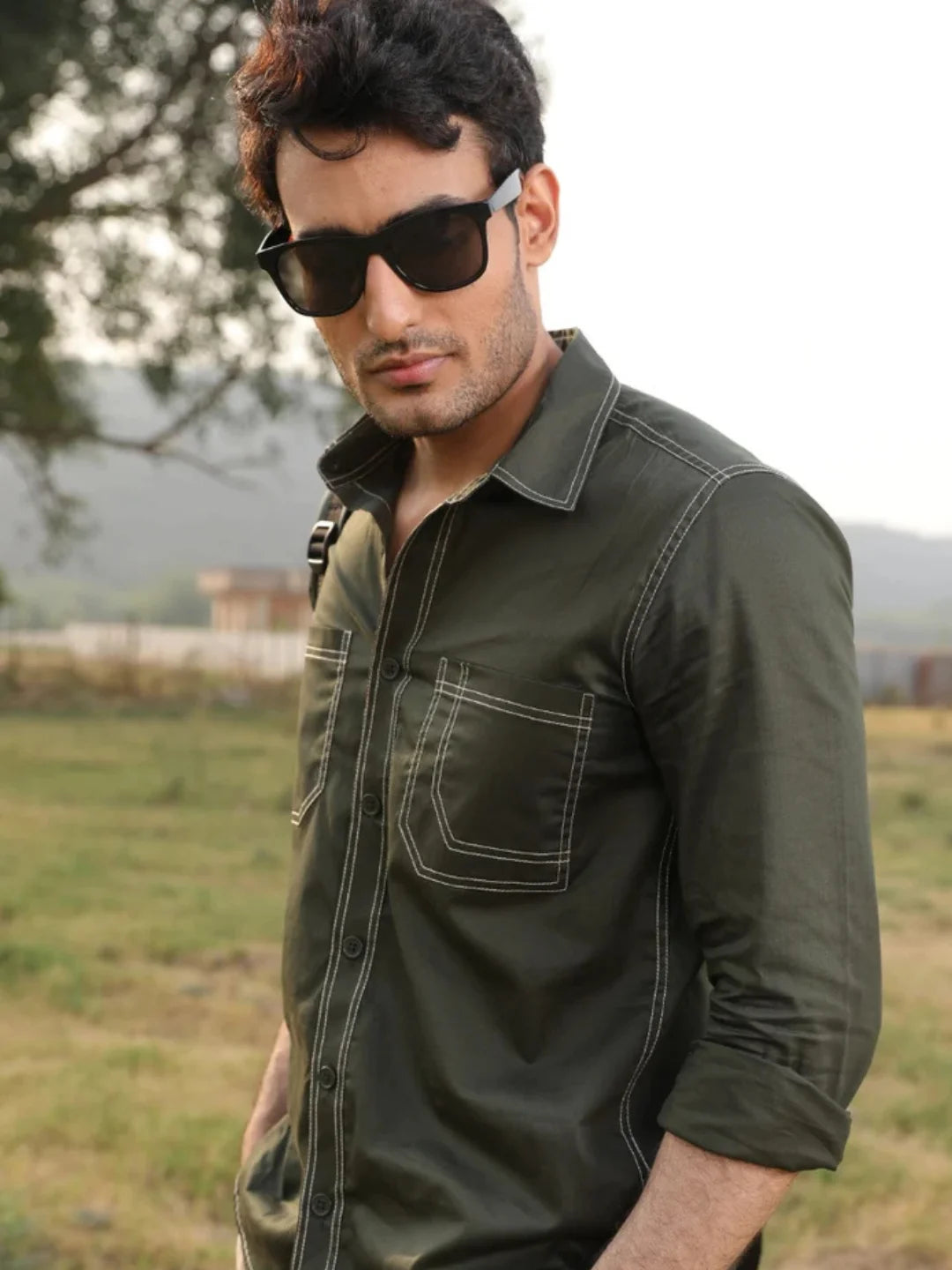 Bottle Green Contrast Stitch Shirt