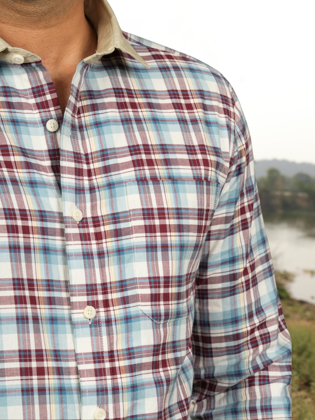 Contrast collar cotton Red checks shirt