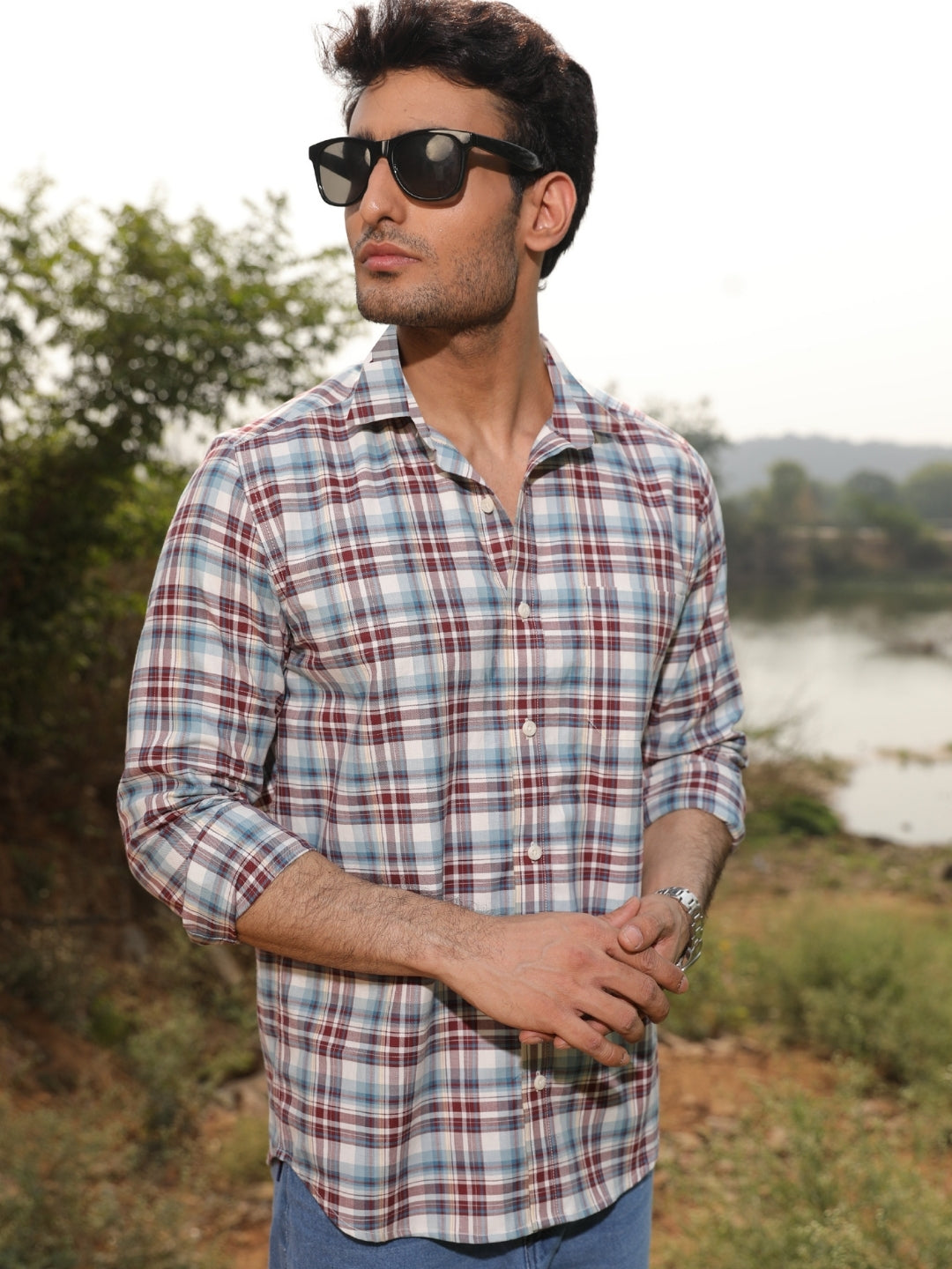 Blue & Red Checks Cotton Shirt