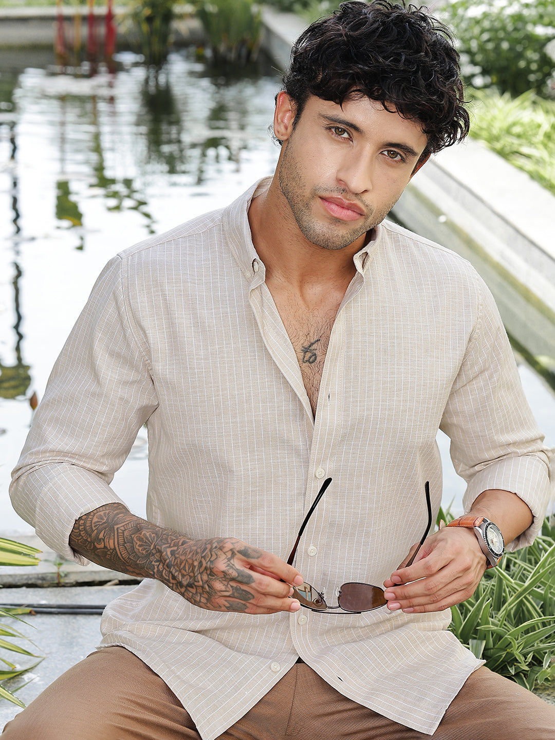 Beige Striped Slim Fit Linen Cotton Shirt