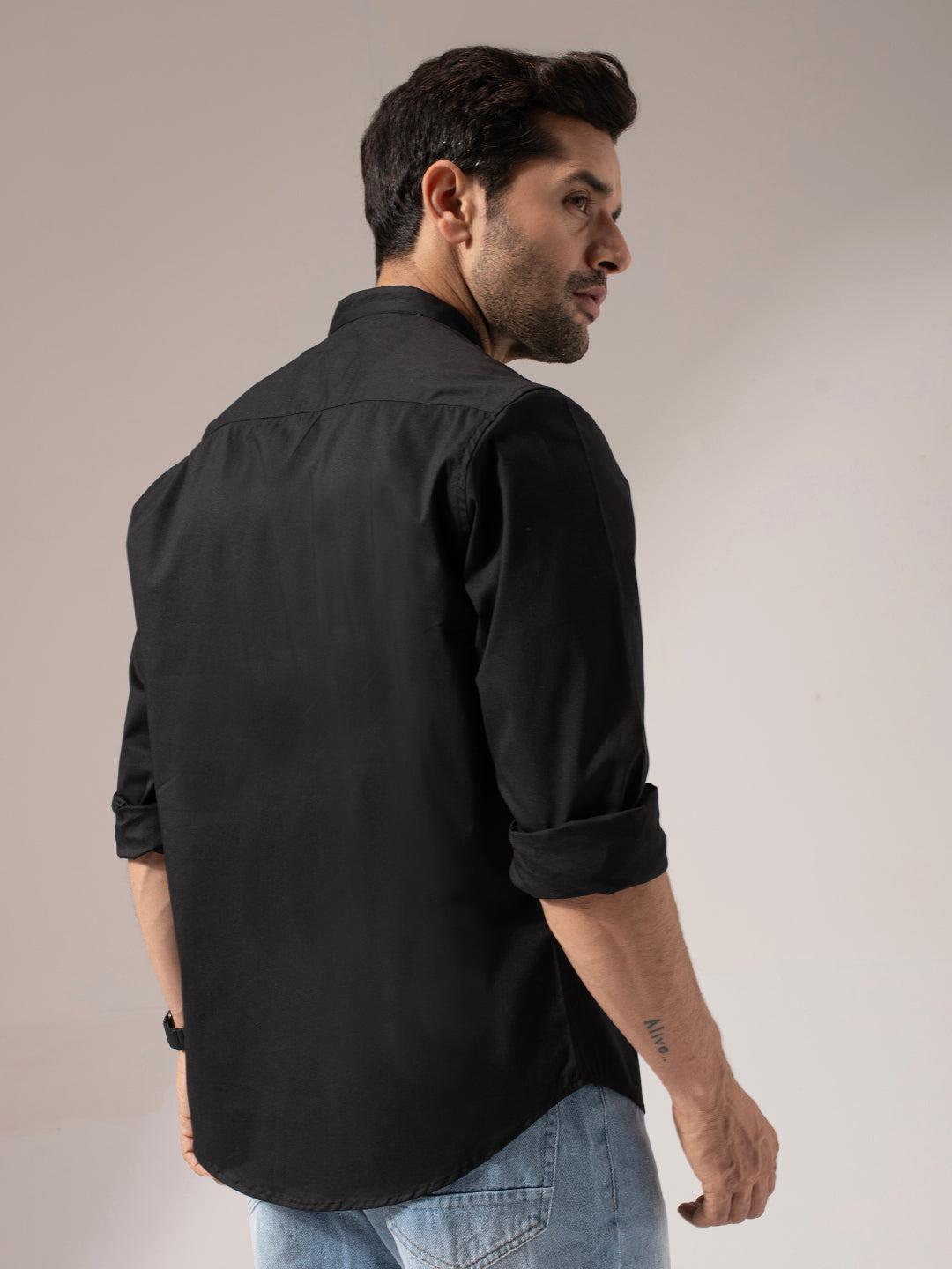 Black Solid Band Collar Cotton Shirt
