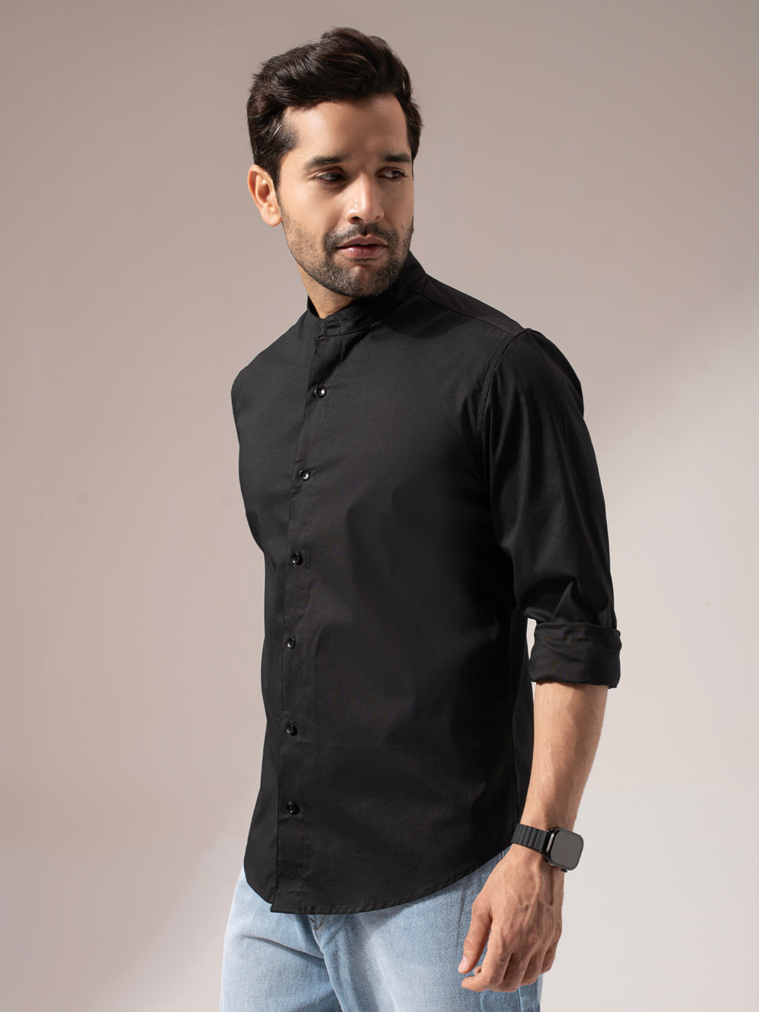 Black Solid Band Collar Cotton Shirt