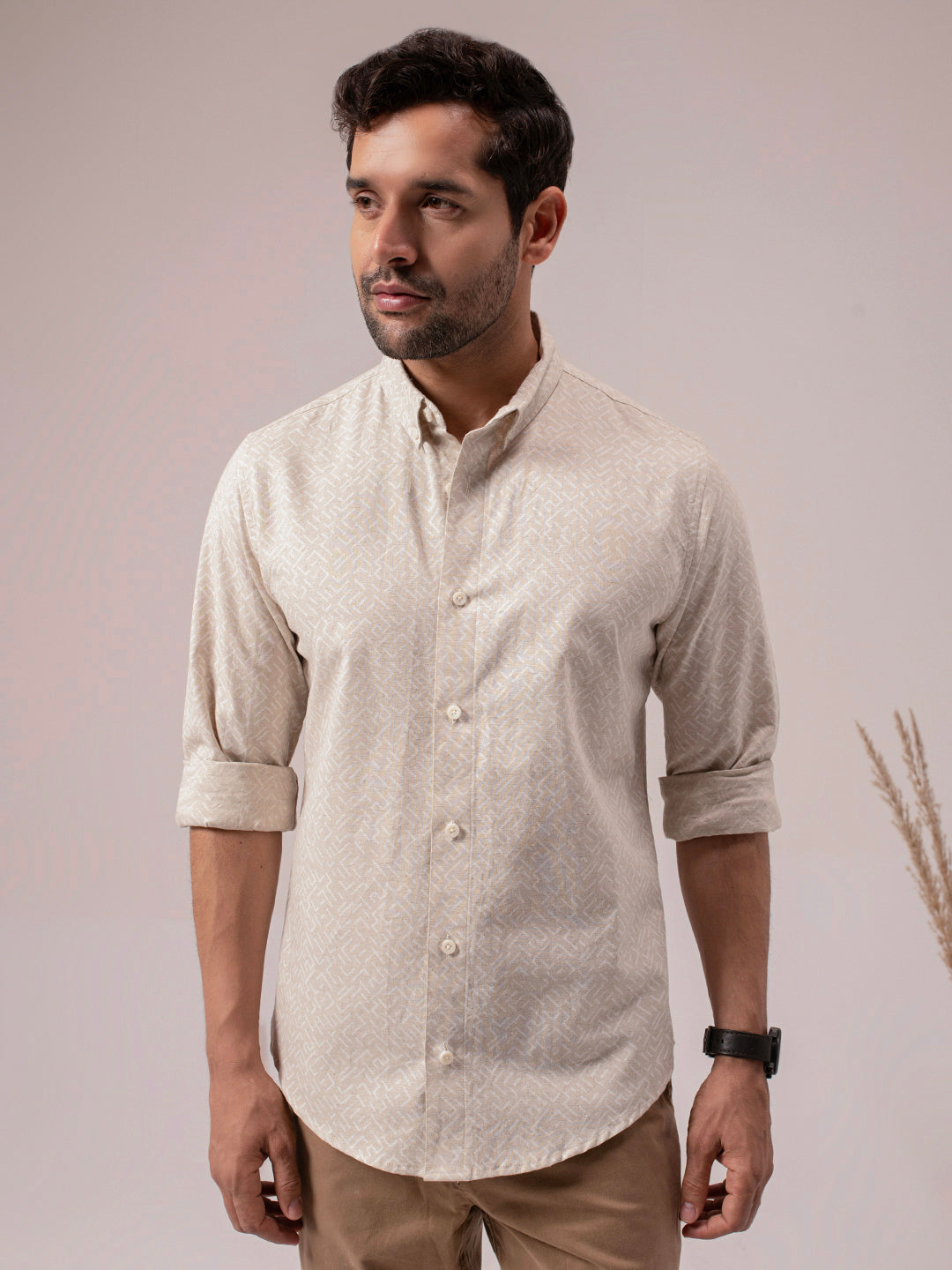 Beige Color Abstract Print Linen Cotton Shirt