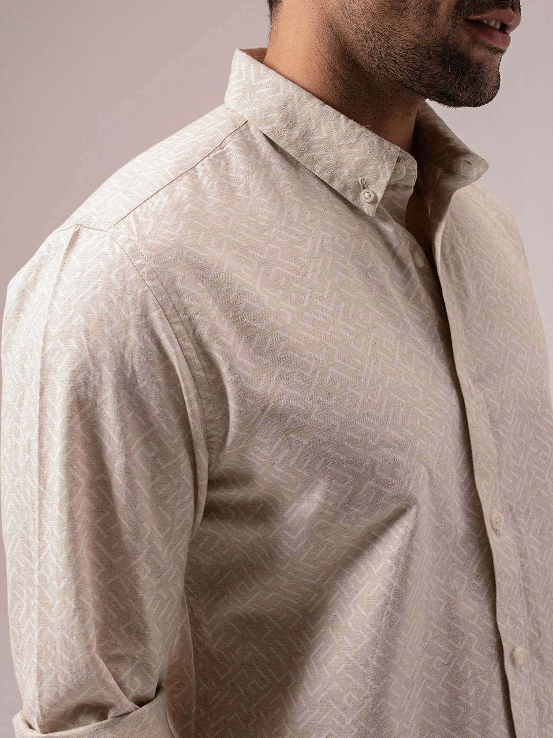 Beige Color Abstract Print Linen Cotton Shirt