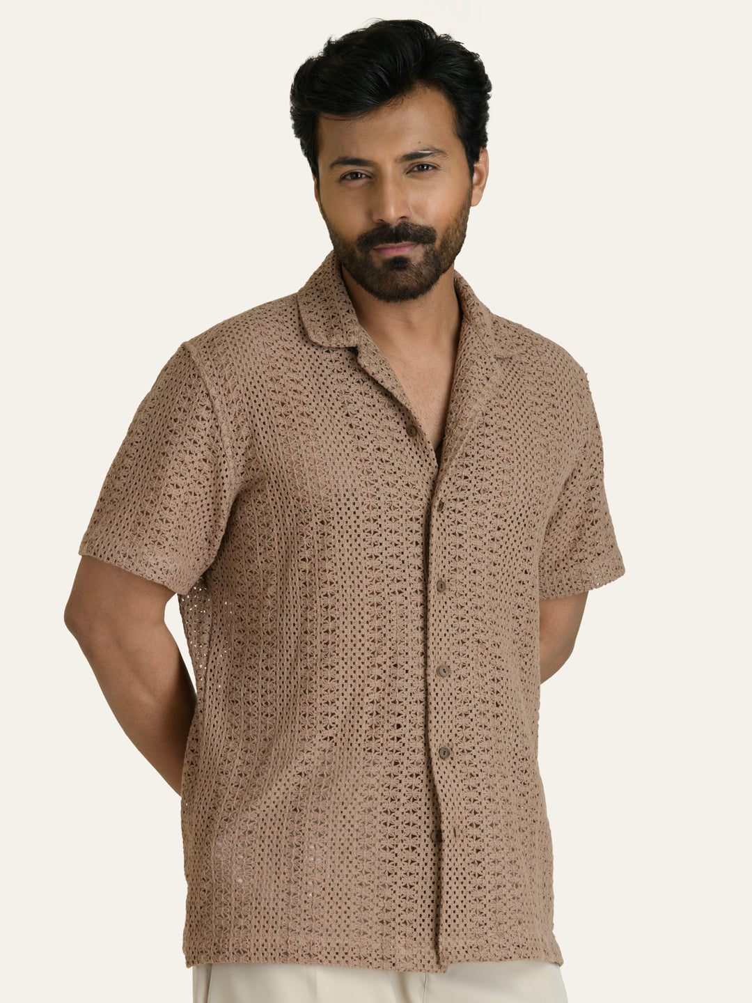 Brown Solid Crochet Shirt