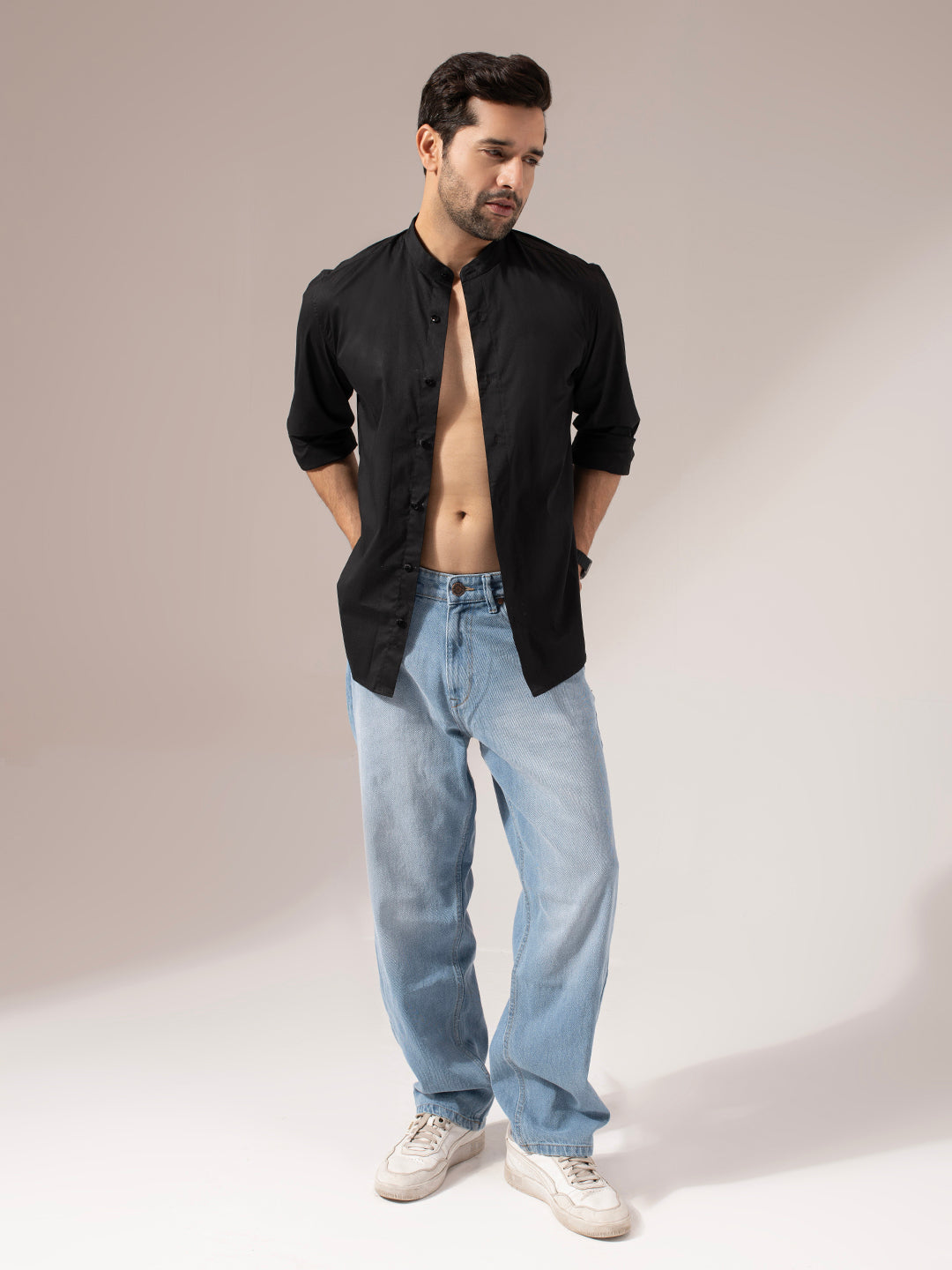 Black Solid Band Collar Cotton Shirt