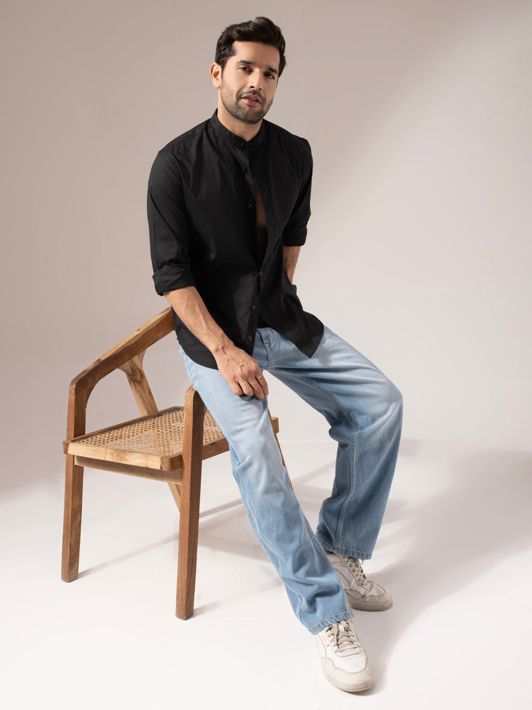 Black Solid Band Collar Cotton Shirt