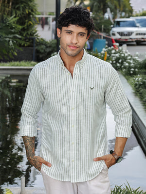 Green Striped Slim Fit Linen Shirt