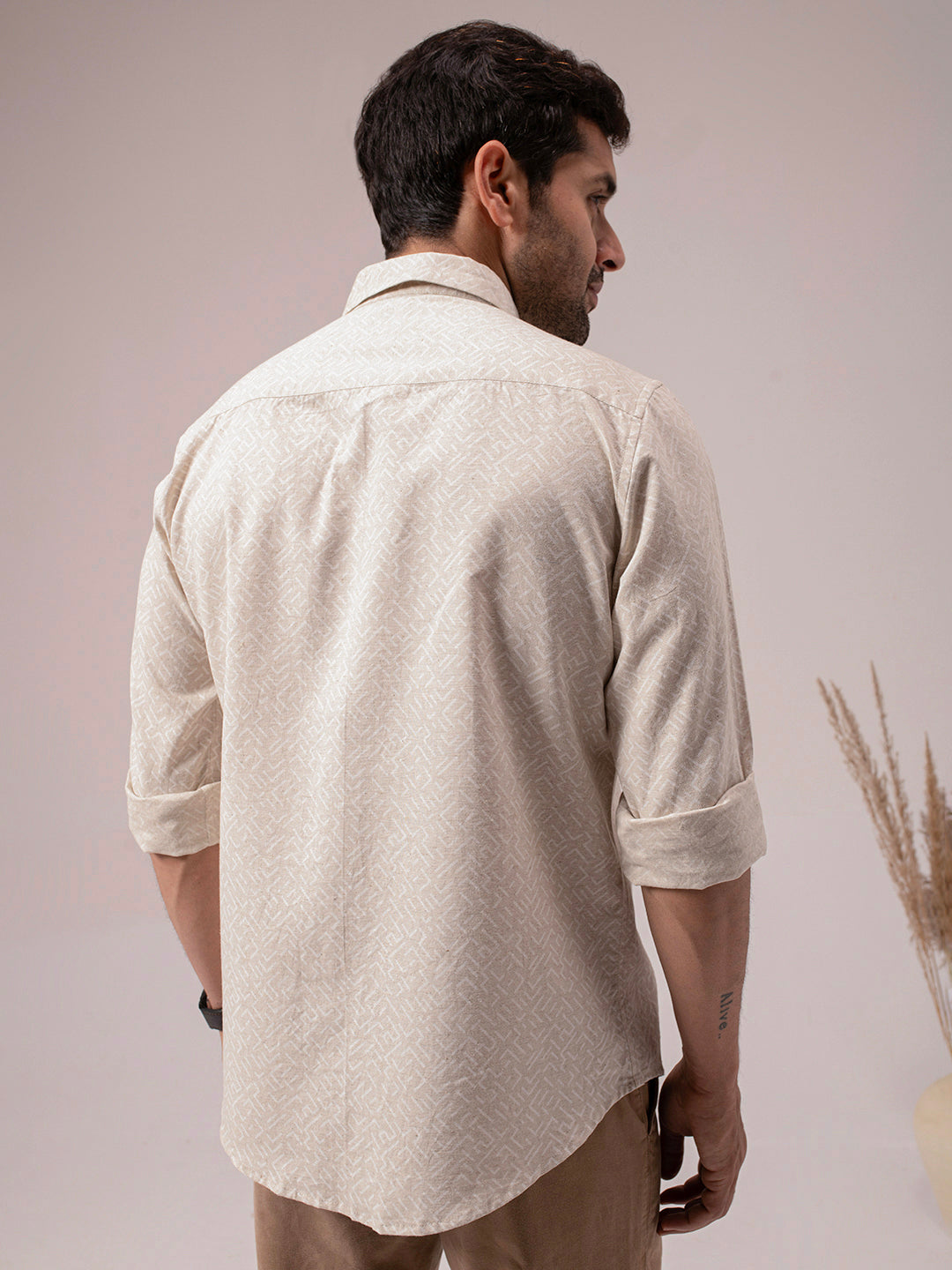 Beige Color Abstract Print Linen Cotton Shirt