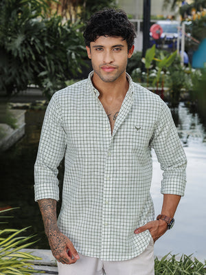Green Checked Slim Fit Linen Shirt