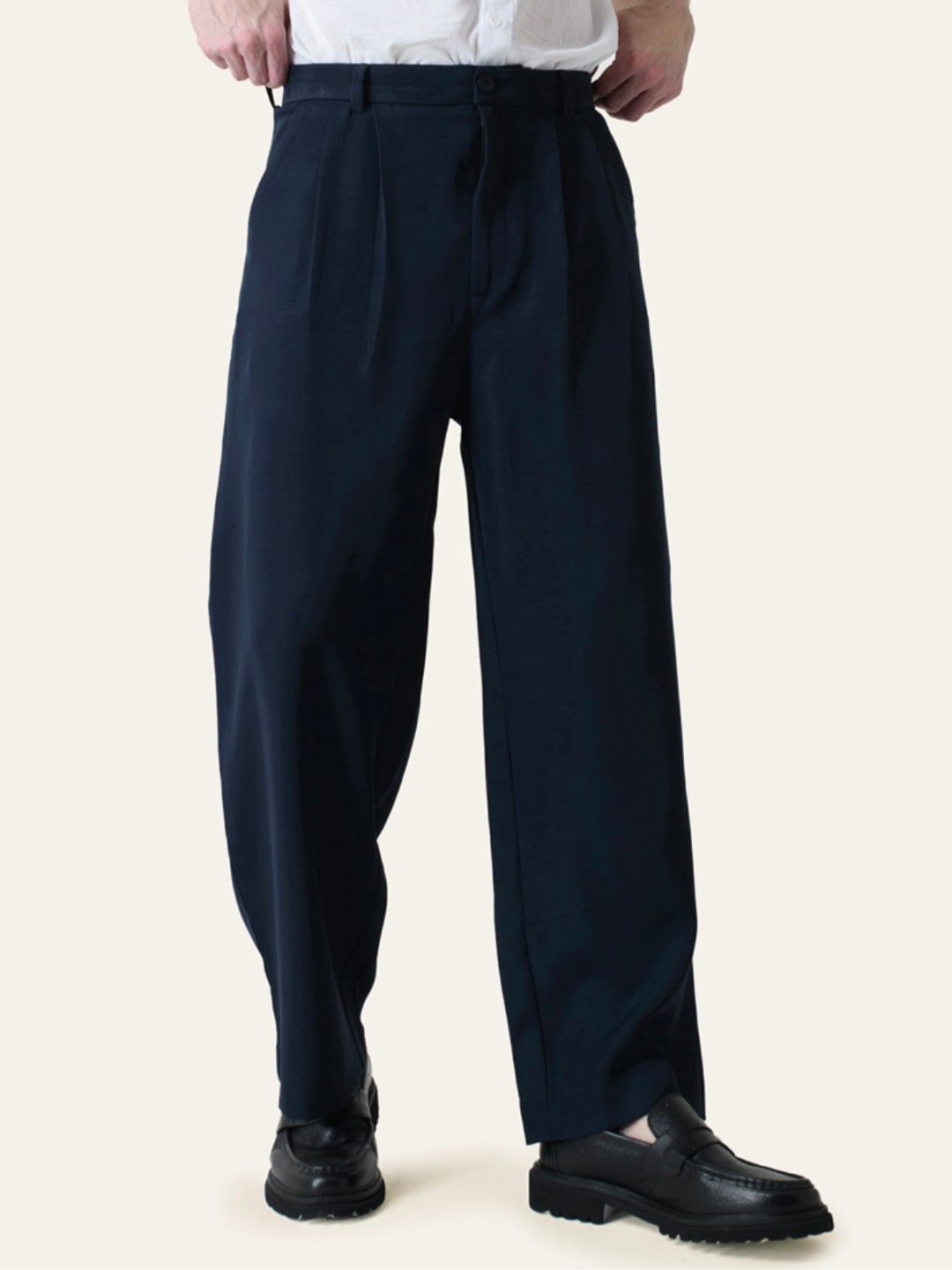 Navy Blue Solid Pleated Korean Pants