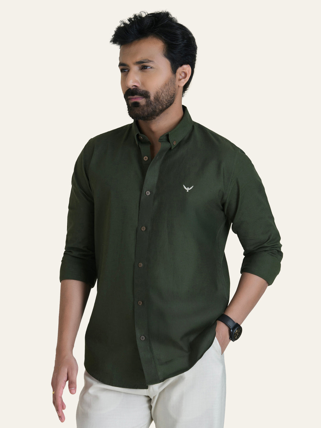 Green Solid Slim Fit Linen Cotton Shirt
