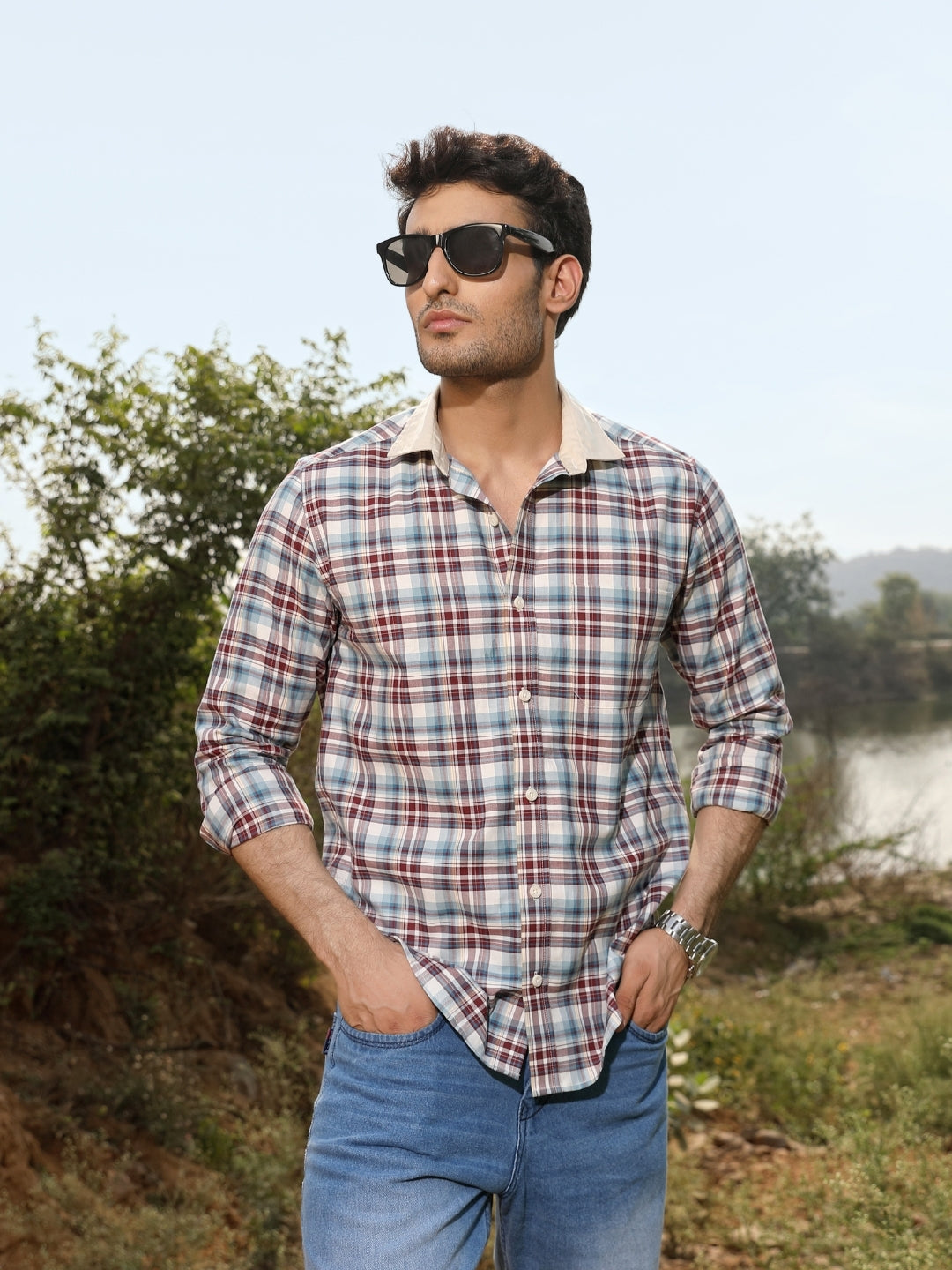 Contrast collar cotton Red checks shirt
