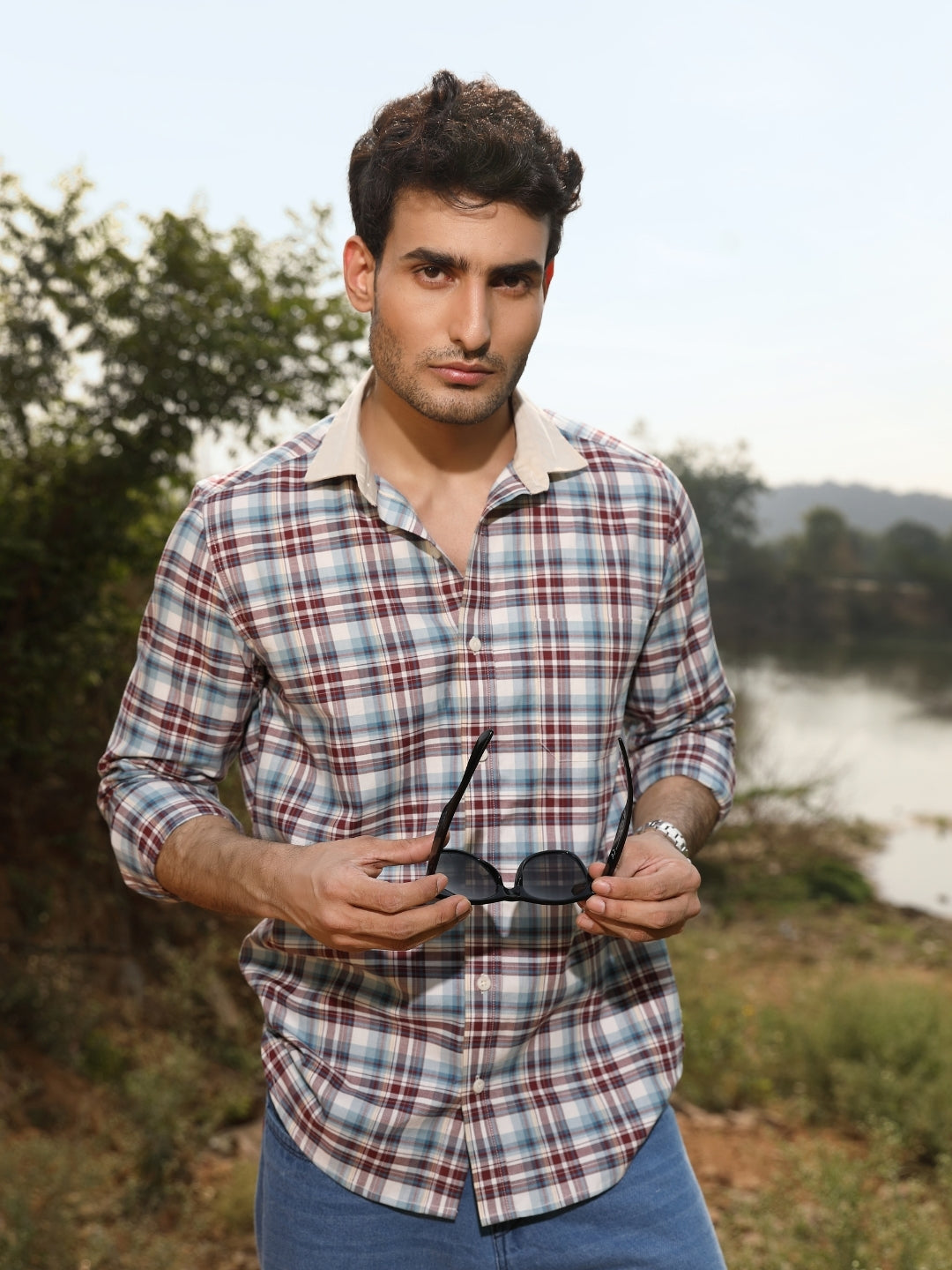 Contrast collar cotton Red checks shirt