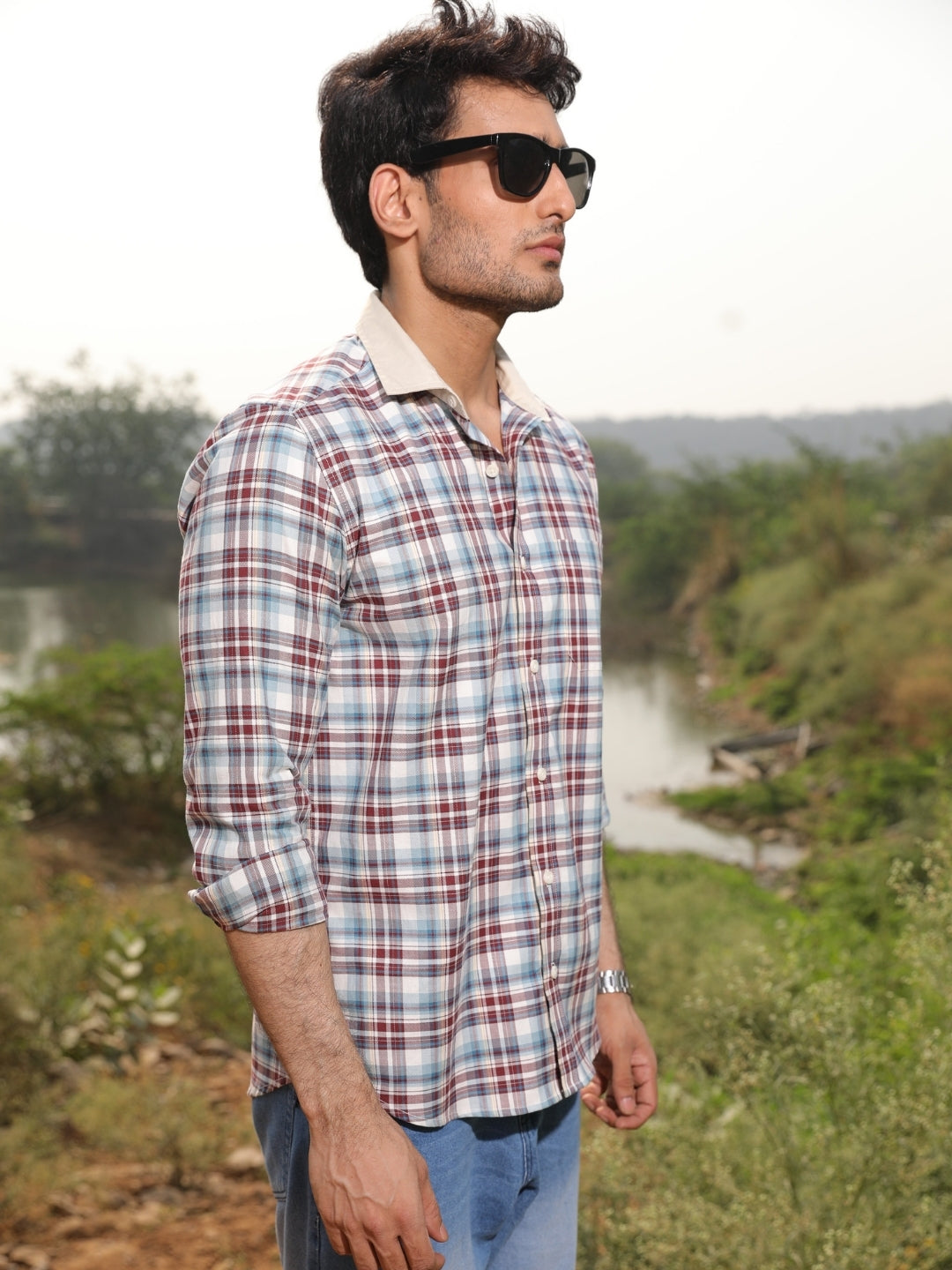 Contrast collar cotton Red checks shirt