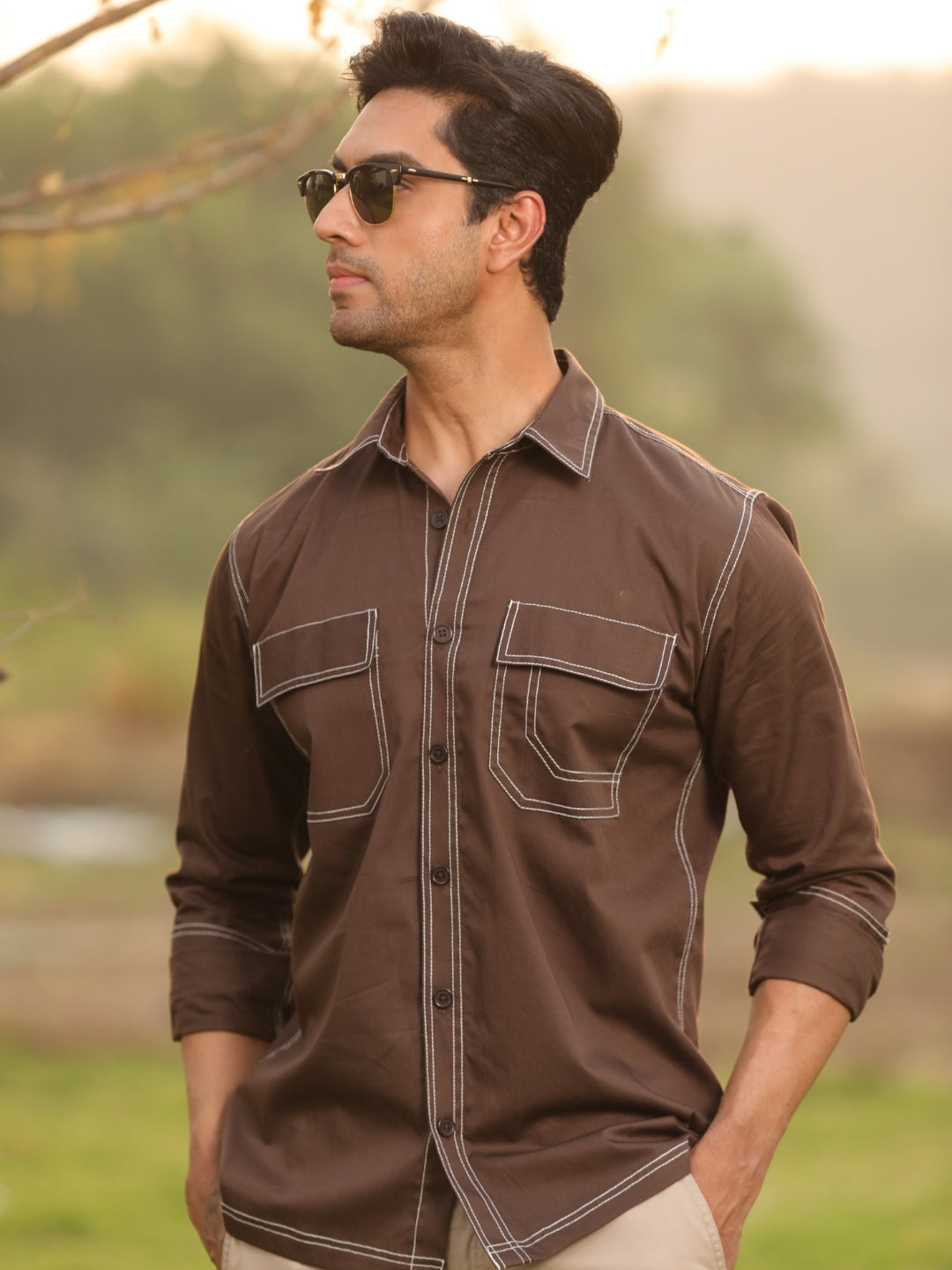 Brown Contrast Stitch Shirt