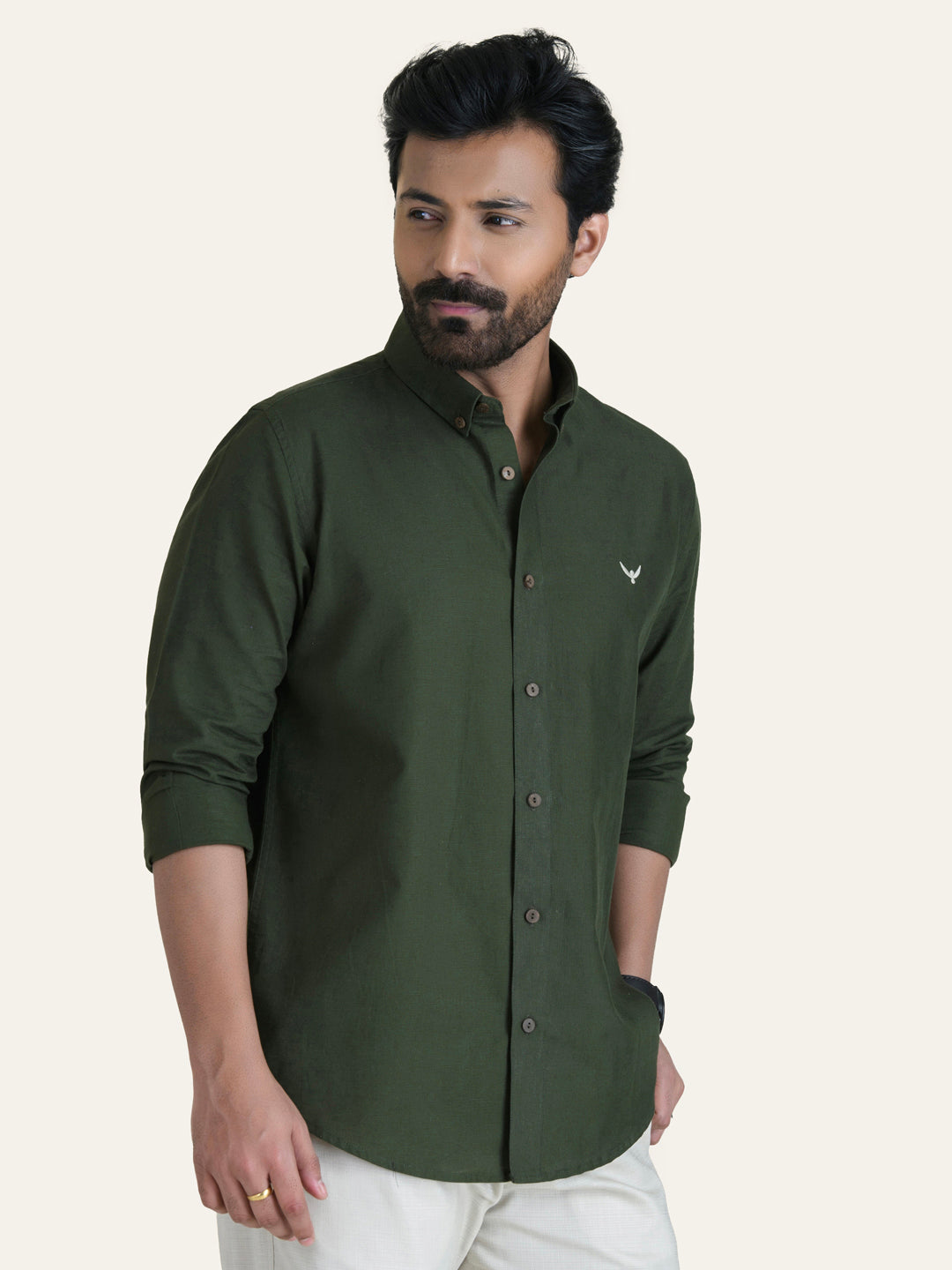 Green Solid Slim Fit Linen Cotton Shirt
