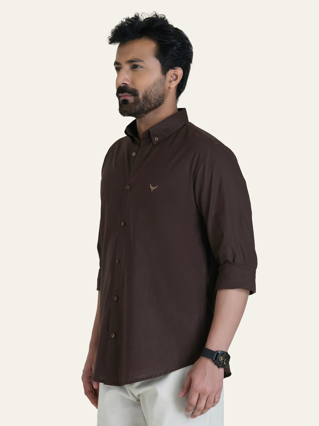 Dark Brown Solid Slim Fit Linen Cotton Shirt
