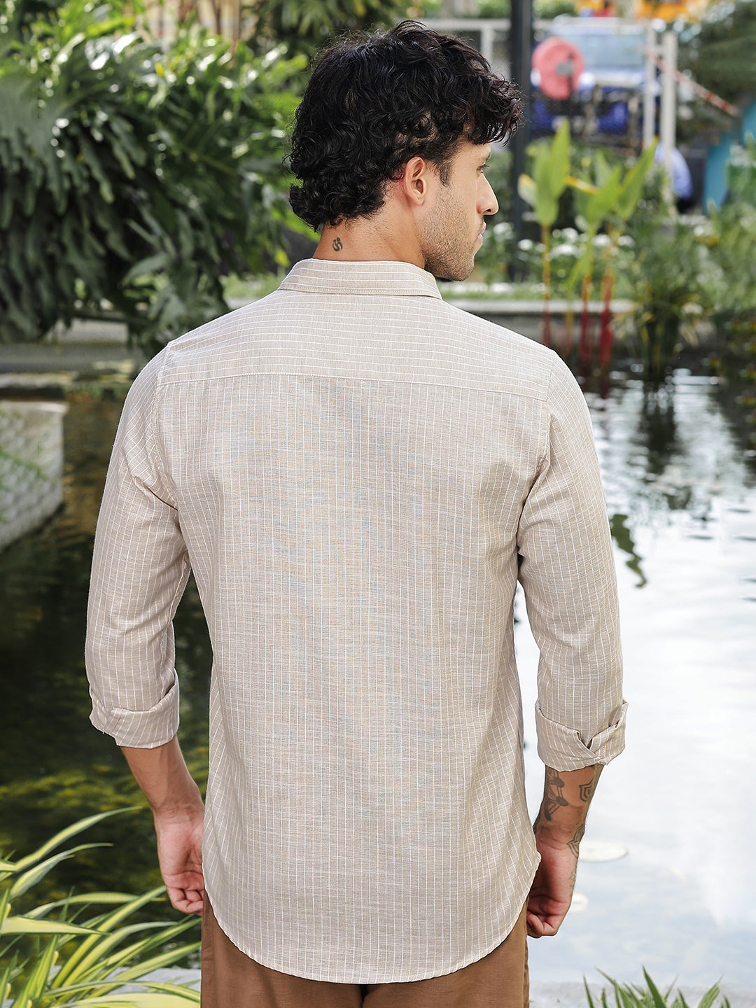 Beige Striped Slim Fit Linen Cotton Shirt