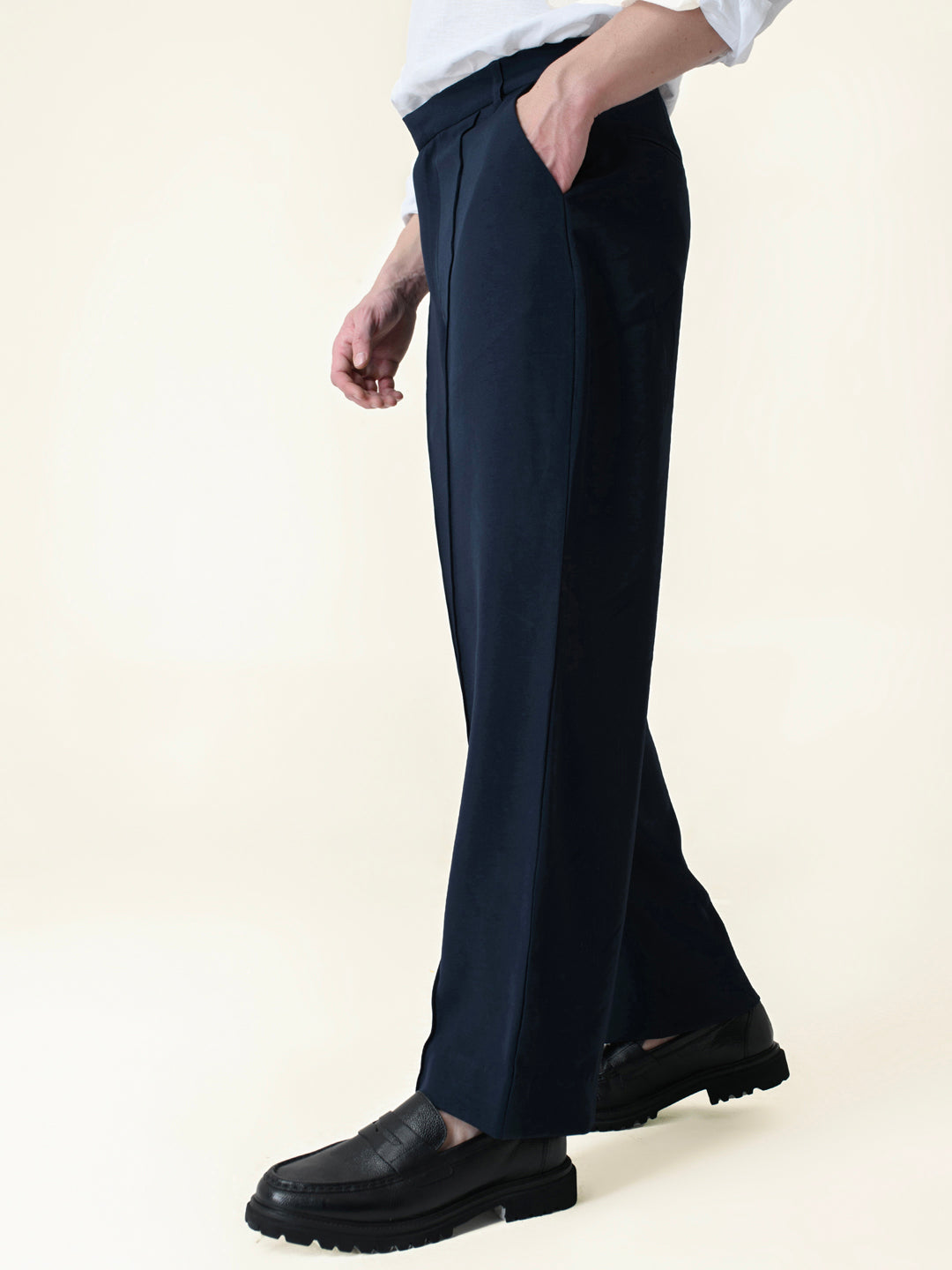 Navy Blue Solid Pintuck Korean Pants