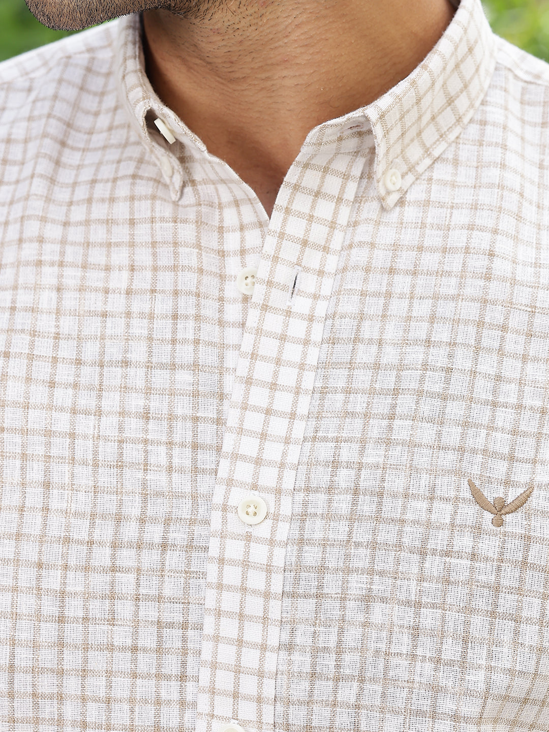 Brown Checked Slim Fit Linen Shirt