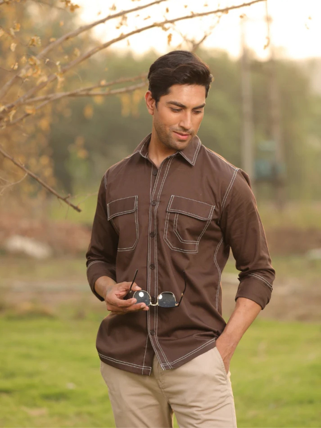 Brown Contrast Stitch Shirt