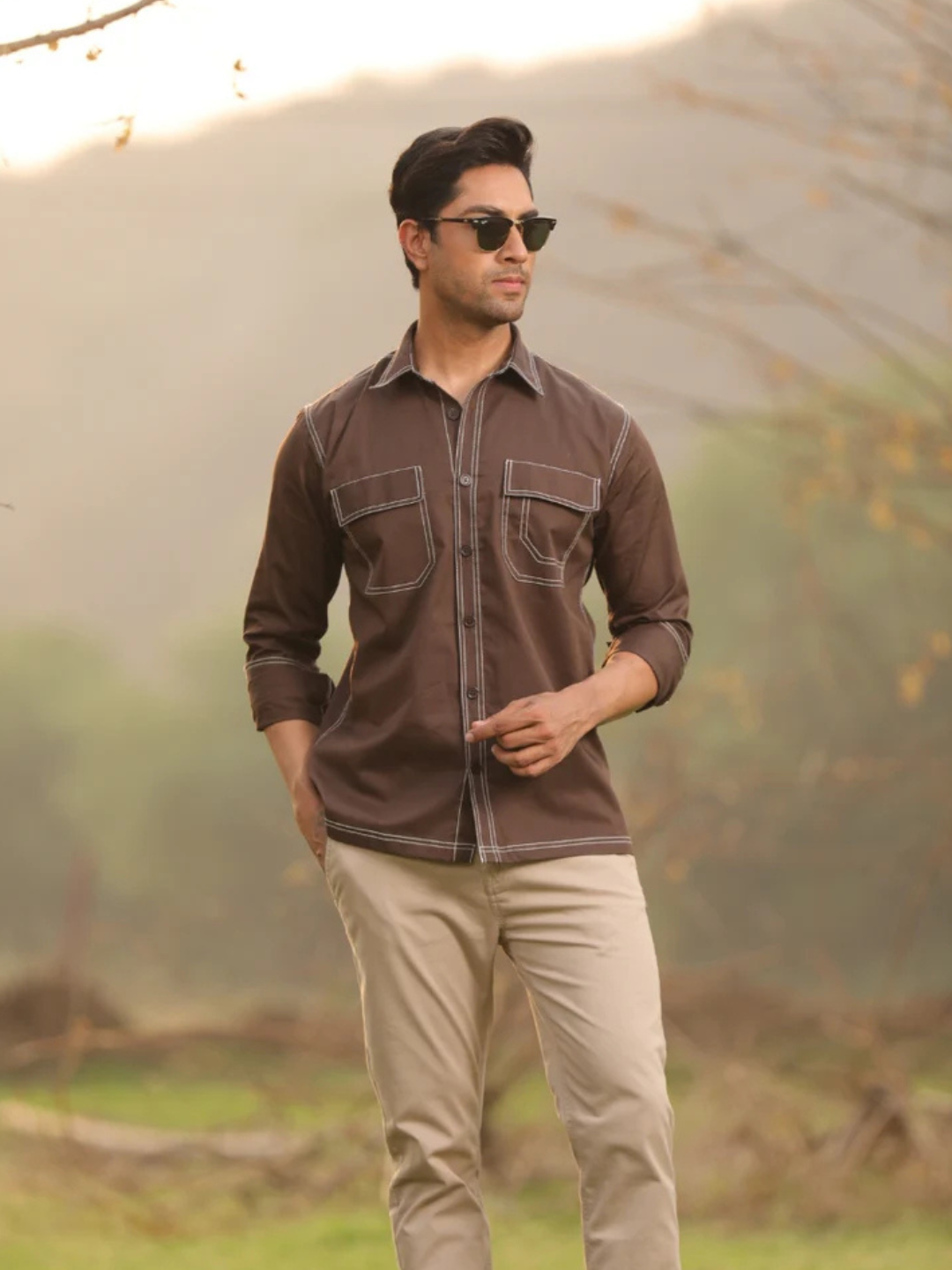 Brown Contrast Stitch Shirt