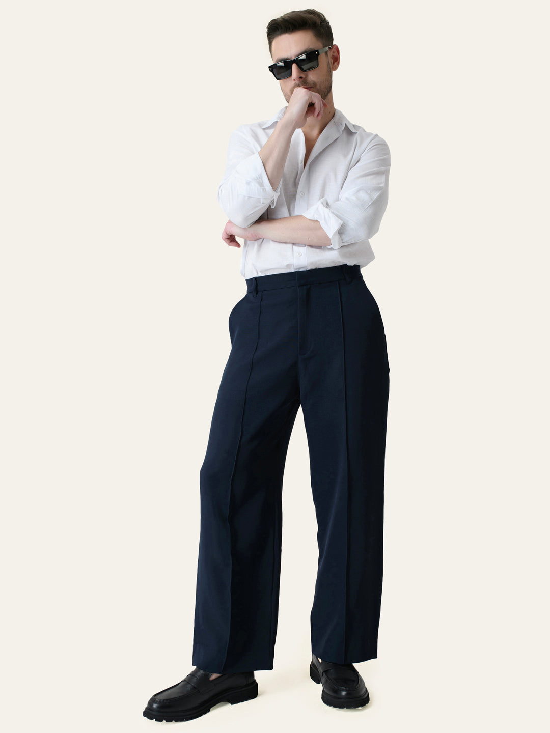 Navy Blue Solid Pintuck Korean Pants