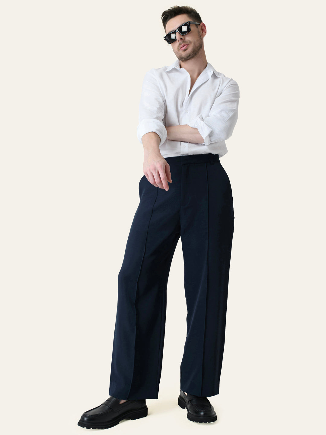 Navy Blue Solid Pintuck Korean Pants