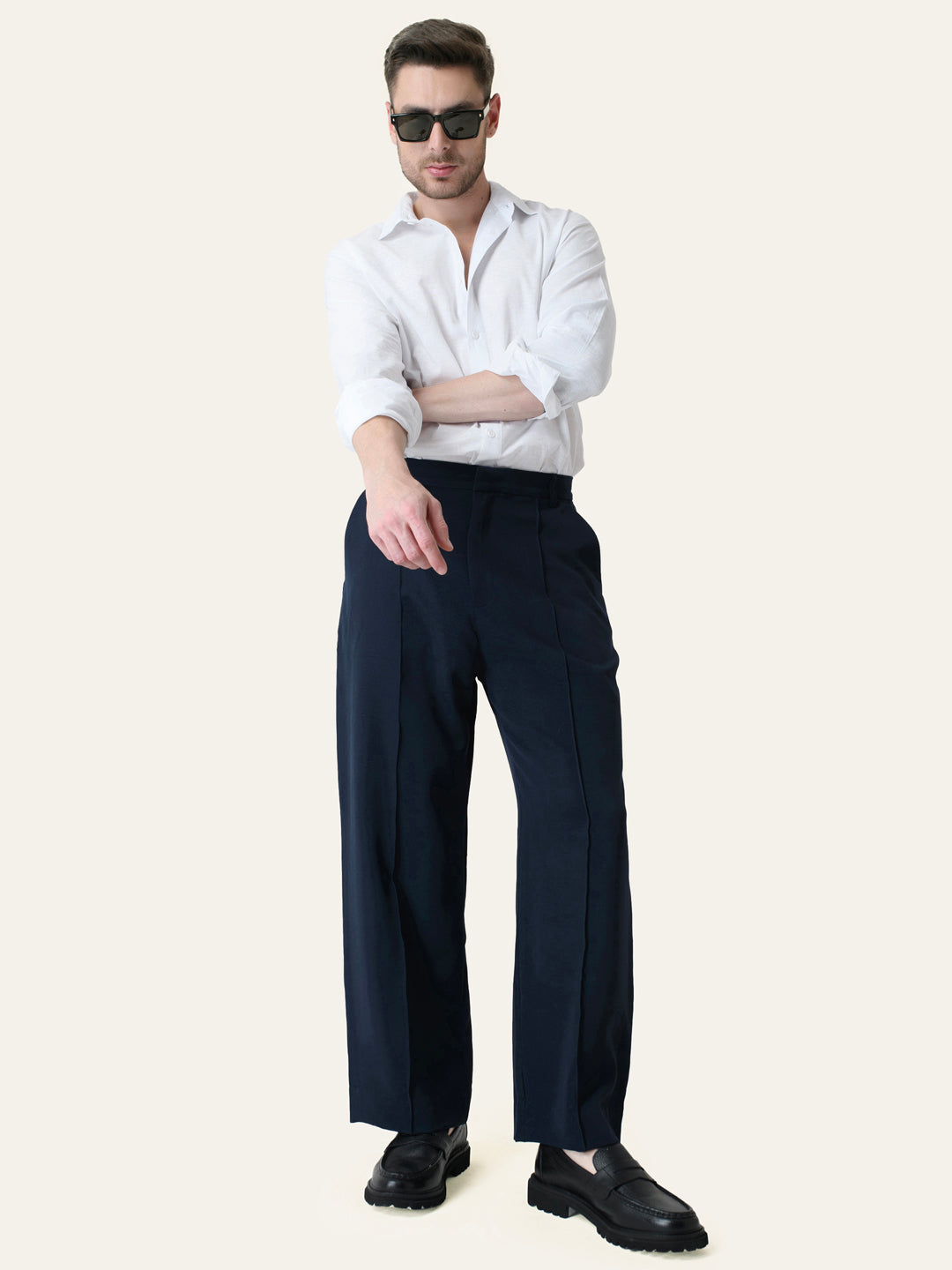 Navy Blue Solid Pintuck Korean Pants