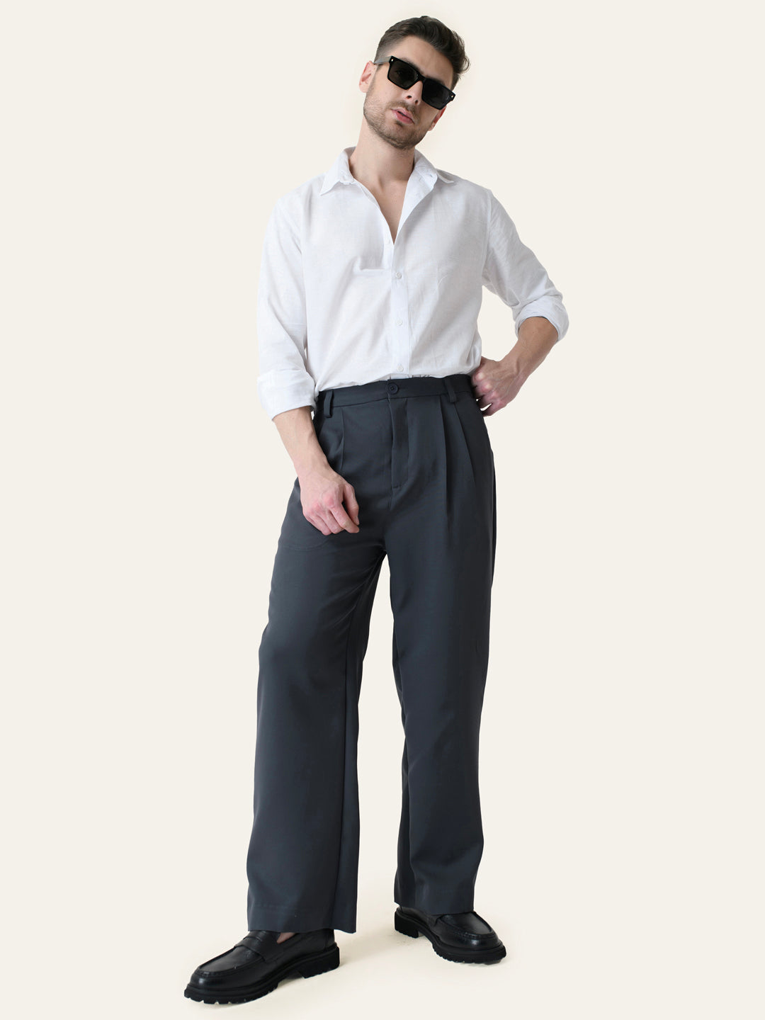 Dark Grey Solid Pleated Korean Pants