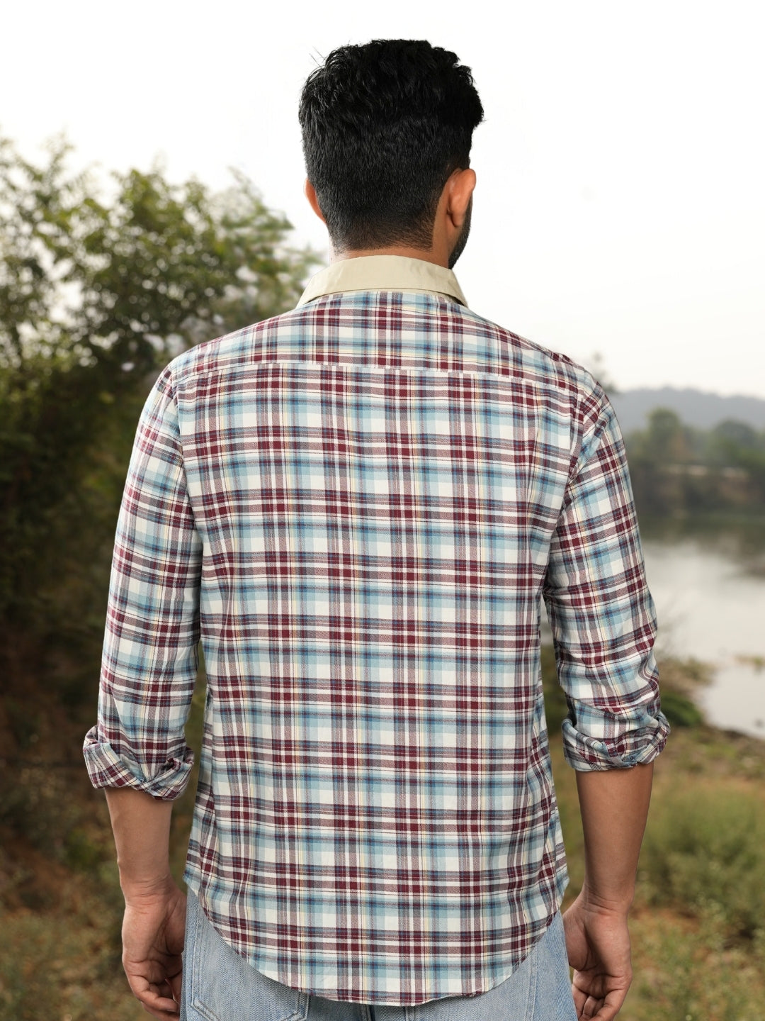 Contrast collar cotton Red checks shirt
