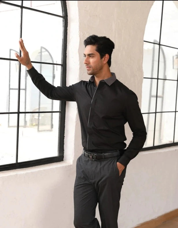 Black Cut & Sew Cotton Shirt