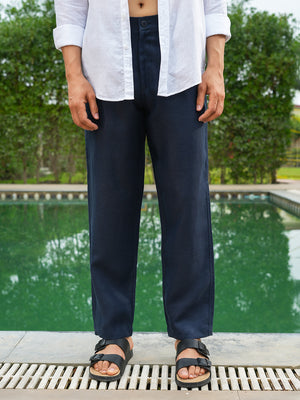 Navy Blue Solid Linen Trouser
