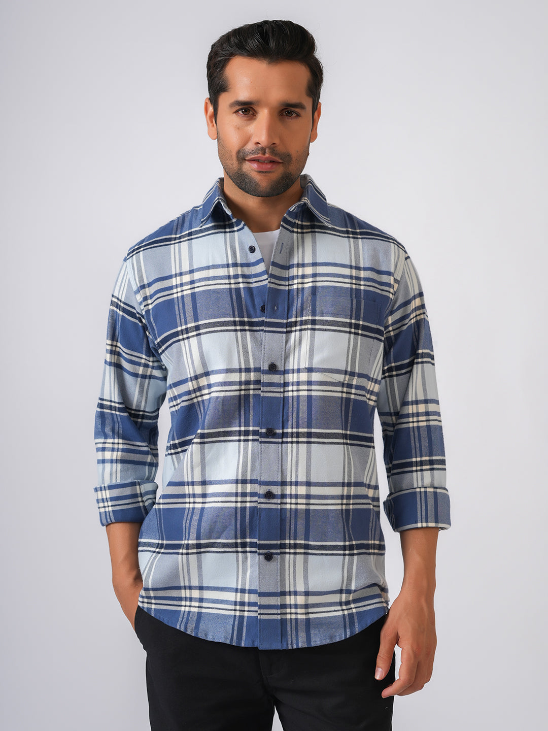 Blue Checked Slim Fit Flannel Cotton Shirt