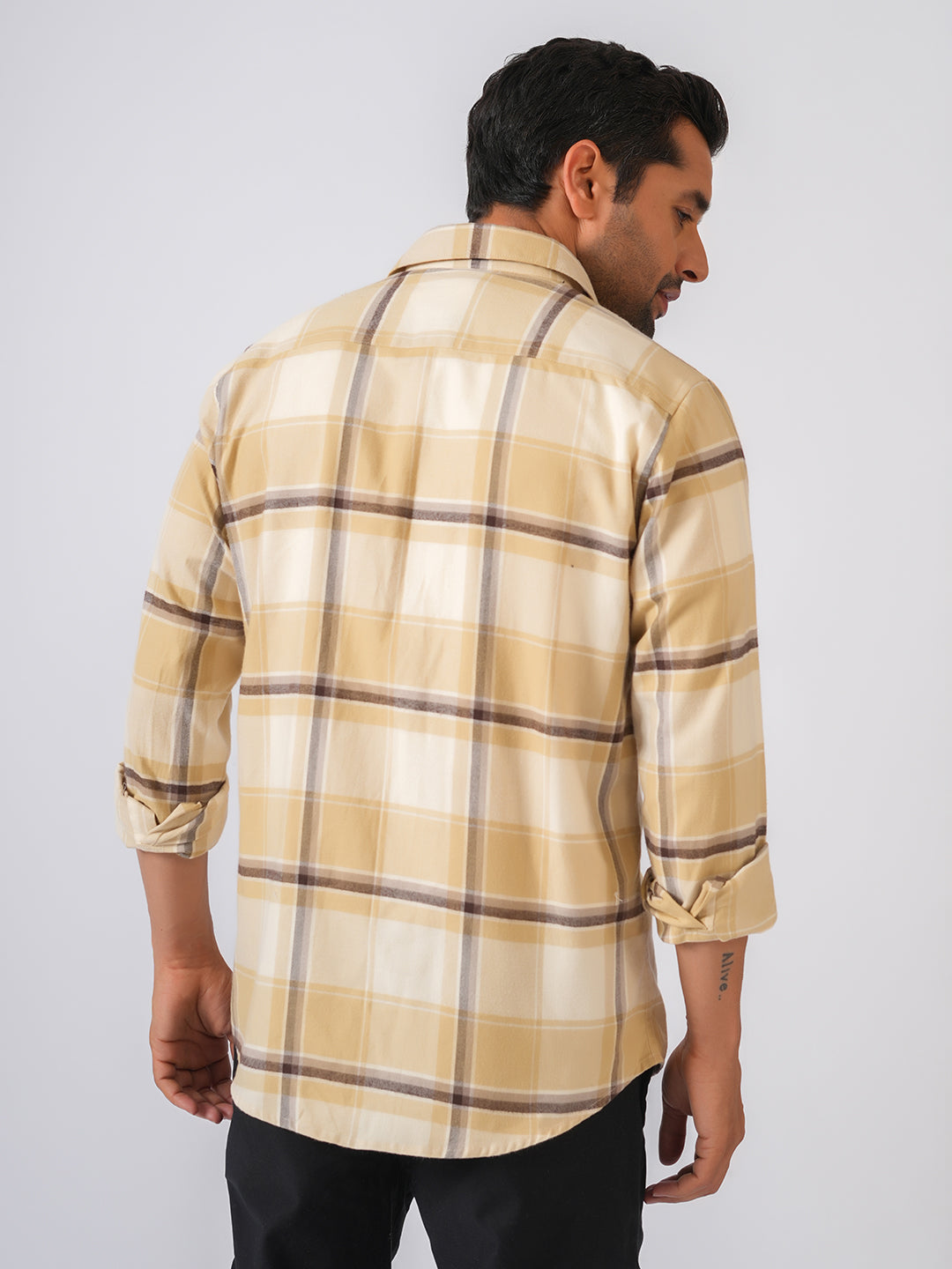 Cream Checked Slim Fit Flannel Cotton Shirt