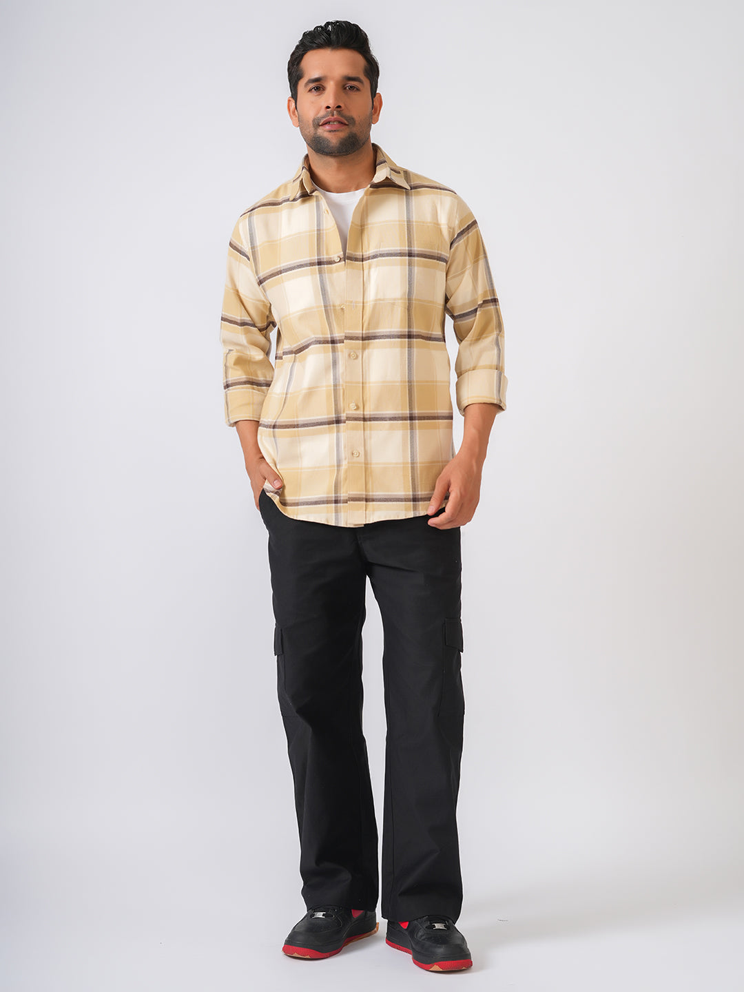 Cream Checked Slim Fit Flannel Cotton Shirt