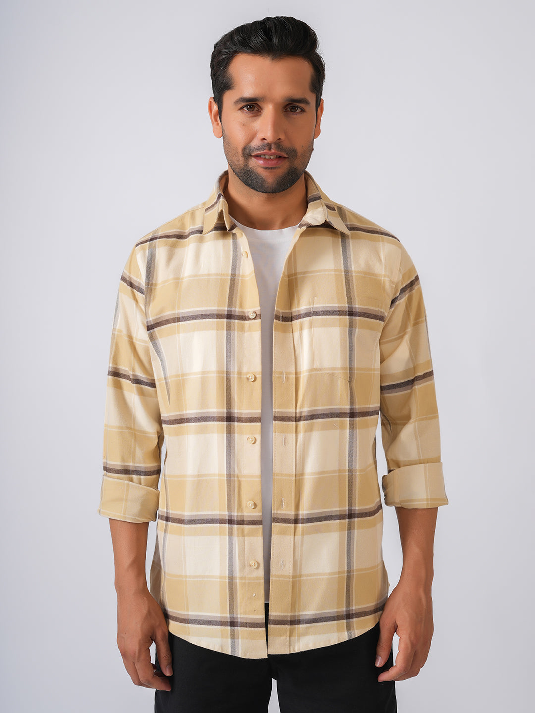 Cream Checked Slim Fit Flannel Cotton Shirt
