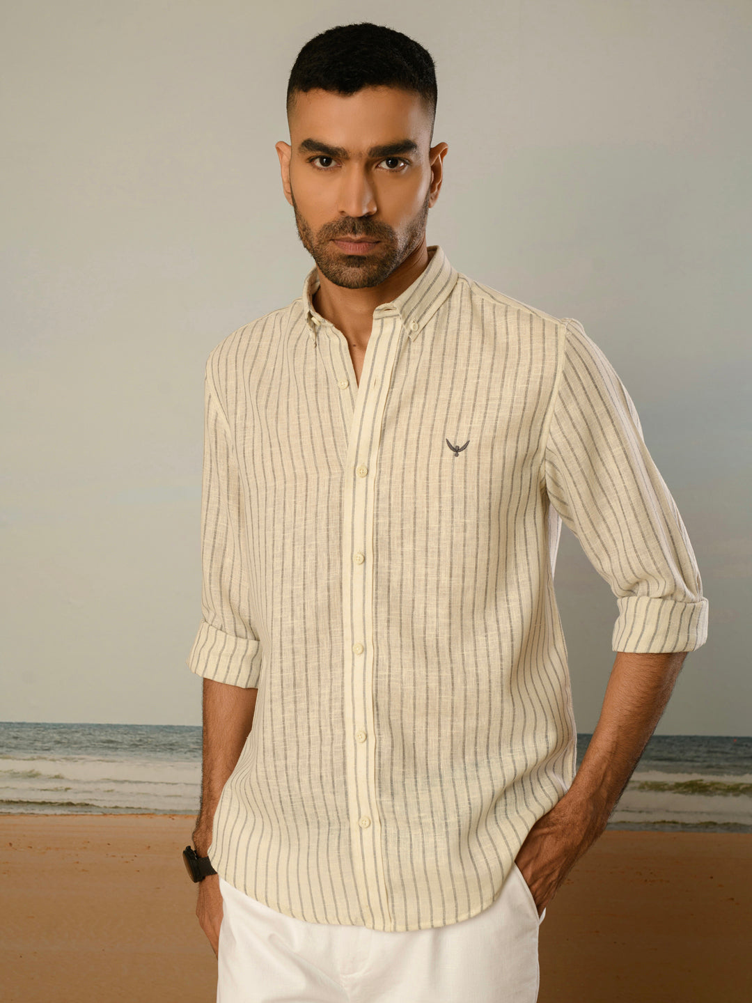 Grey Striped Slim Fit Linen Cotton Shirt
