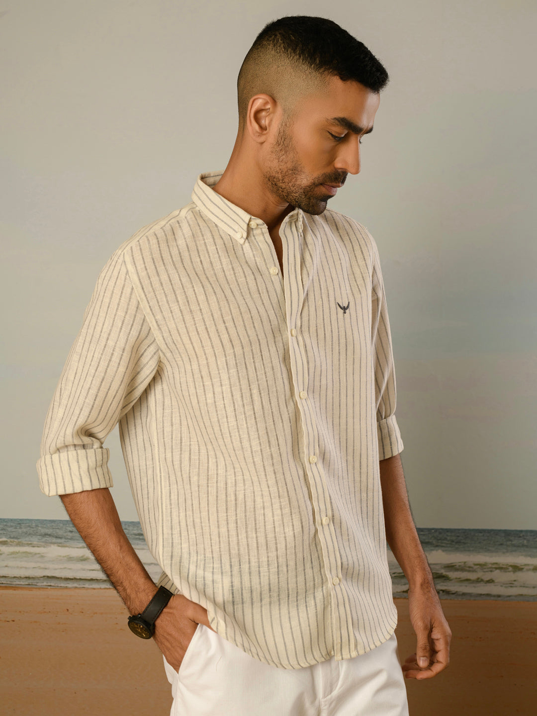 Grey Striped Slim Fit Linen Cotton Shirt