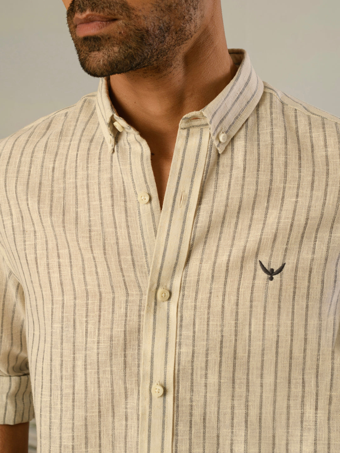 Grey Striped Slim Fit Linen Cotton Shirt