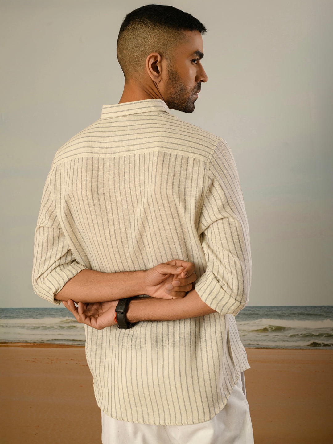 Grey Striped Slim Fit Linen Cotton Shirt