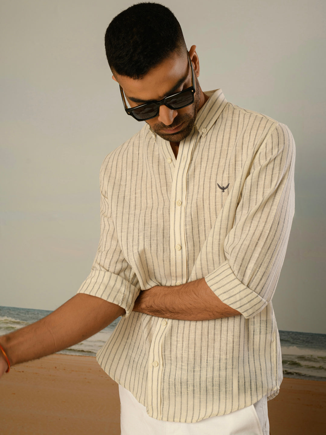 Grey Striped Slim Fit Linen Cotton Shirt