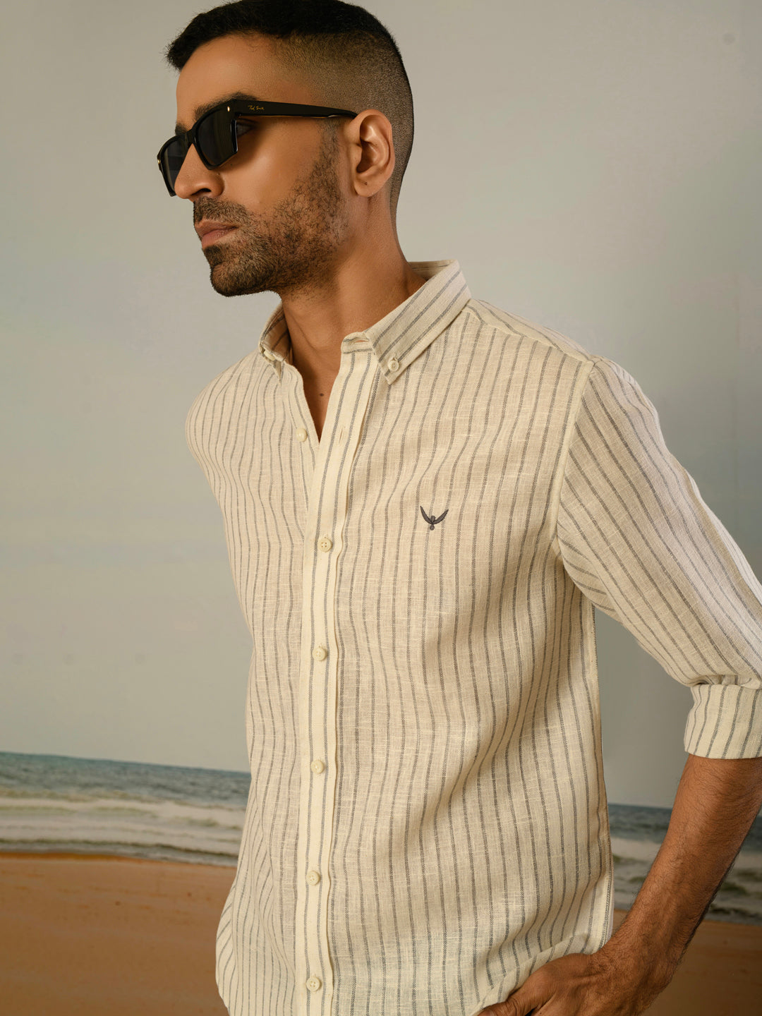 Grey Striped Slim Fit Linen Cotton Shirt