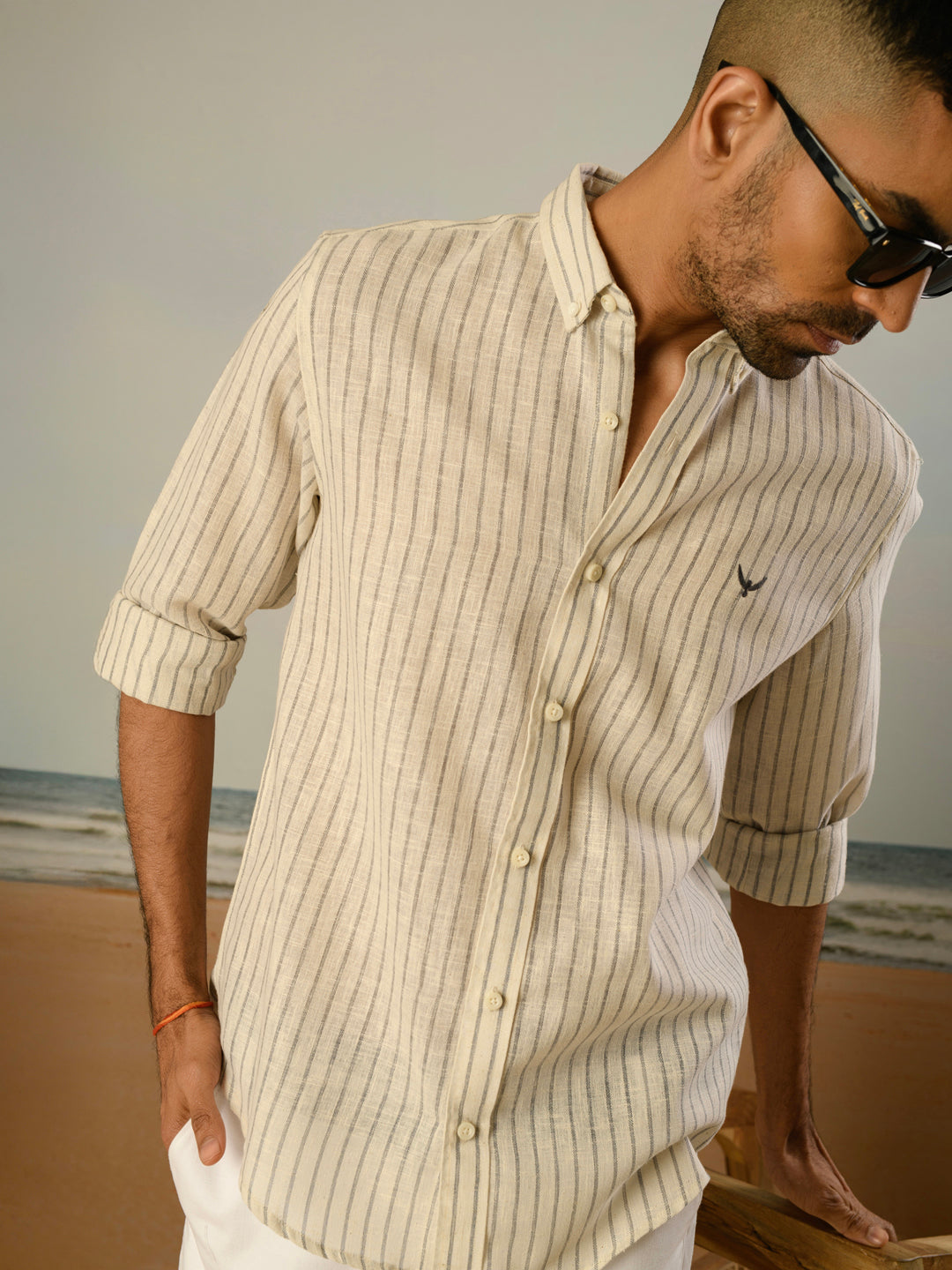Grey Striped Slim Fit Linen Cotton Shirt