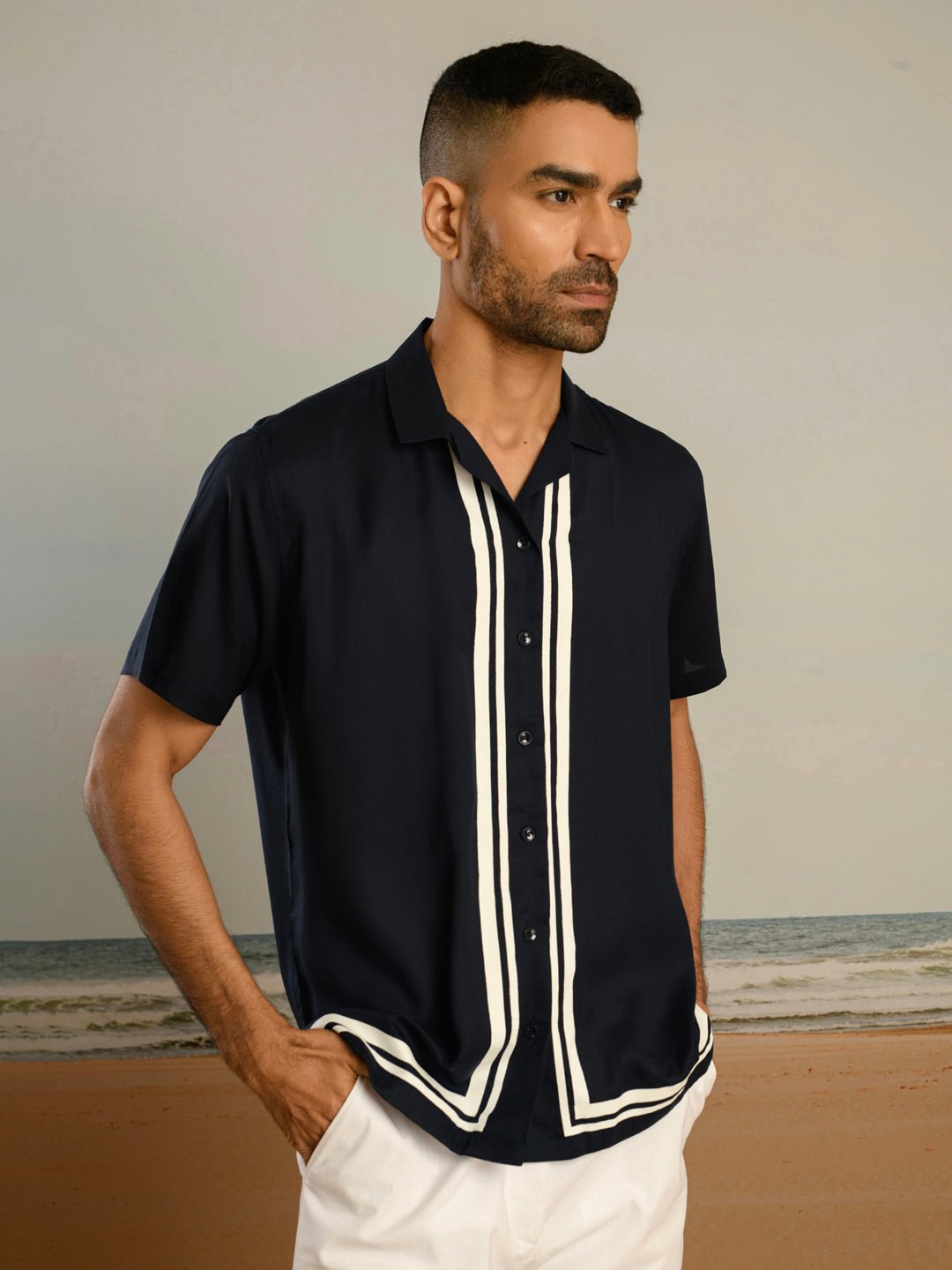 Navy Blue Printed Rayon Shirt