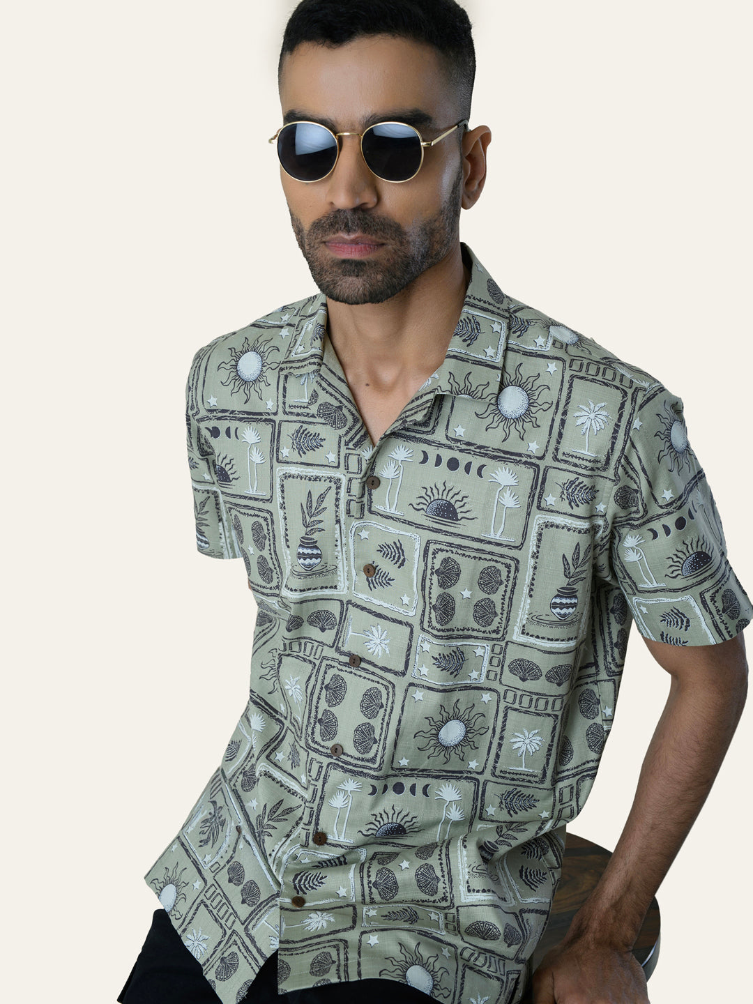 Pista Green Printed Cotton Shirt