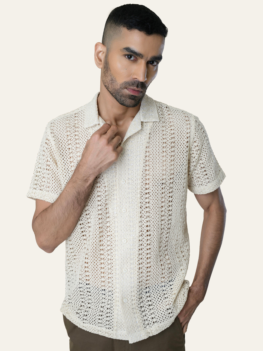 Cream Solid Crochet Shirt