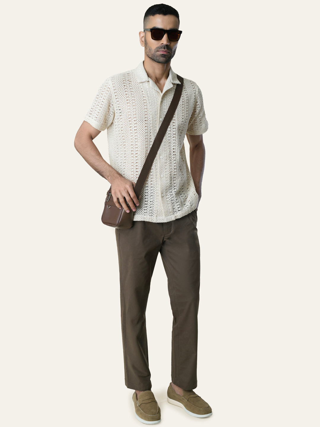 Cream Solid Crochet Shirt