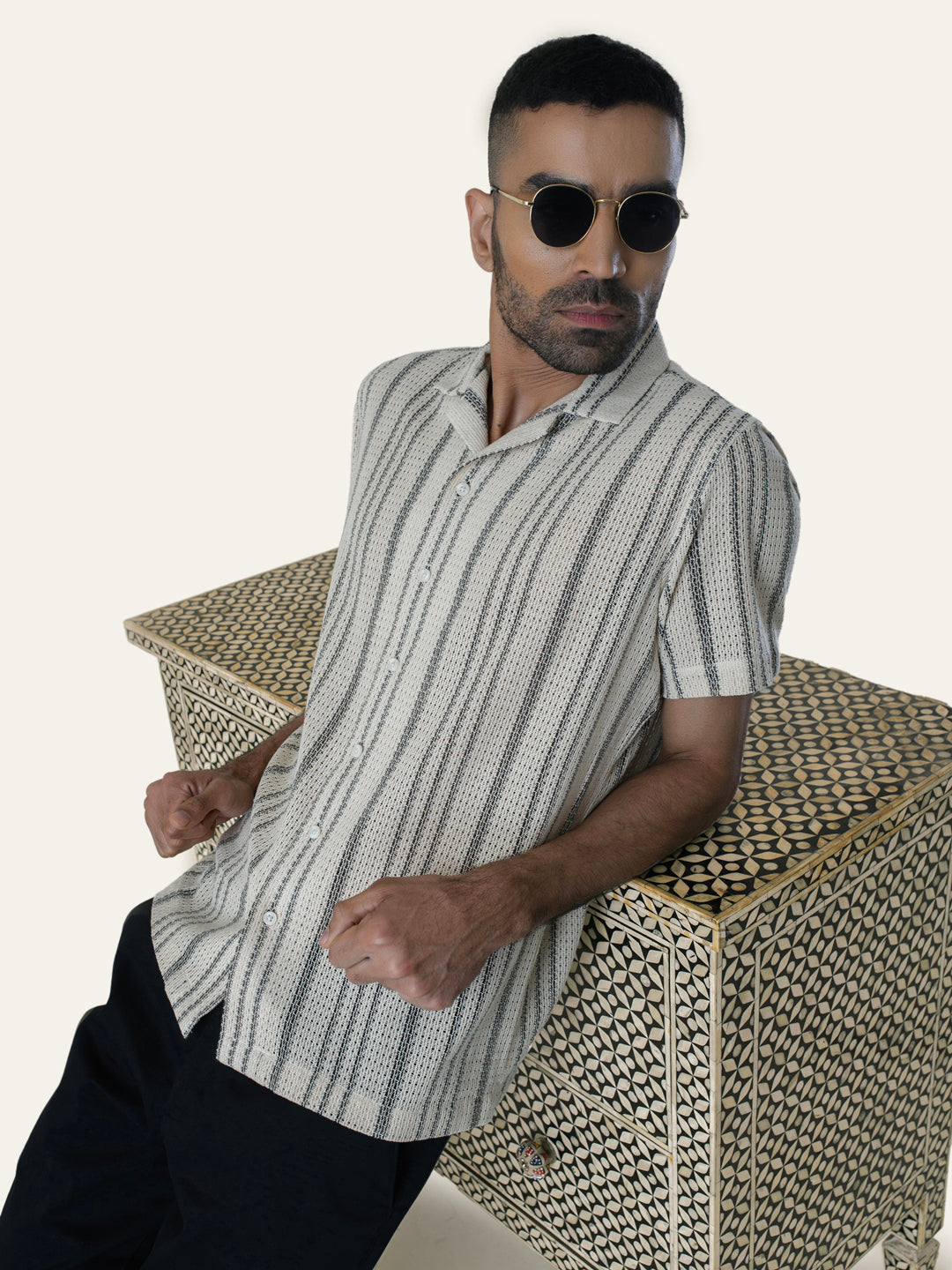 Black Texture Printed Crochet Shirt